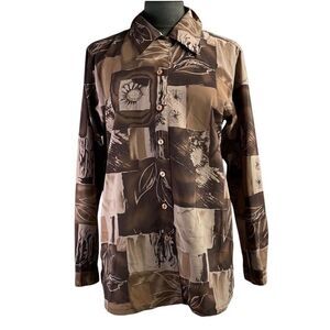 Vintage NEW GEAR Woodsy Floral Button Up Long Sleeve Blouse  Sz Large Brown Tan